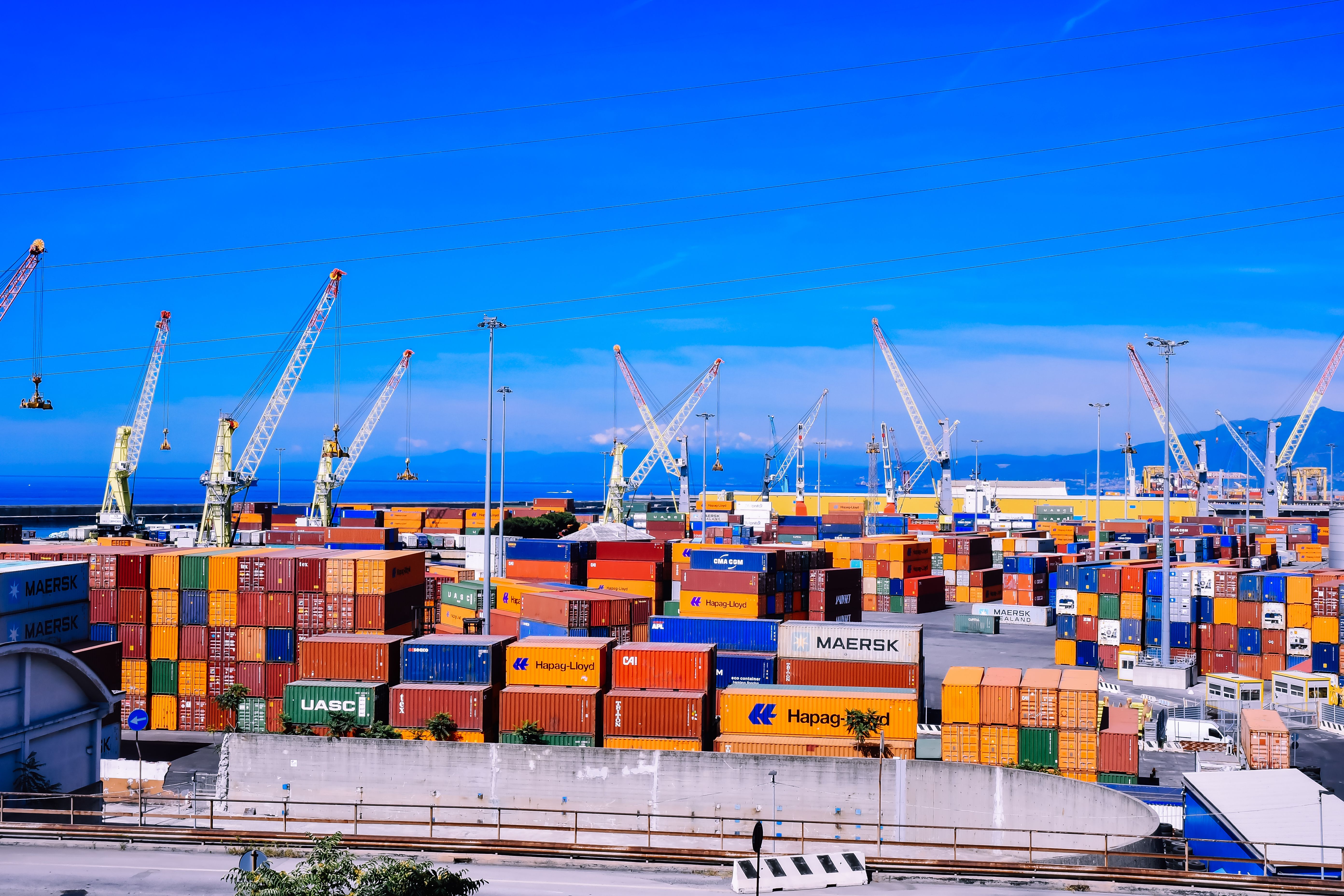 Container cranes and shipping infrastructure at a commercial port